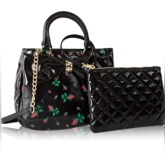 Betsey Johnsen Rosebud floral faux patent leather bag bow trim Satchel& a pouch - Picture 1 of 7